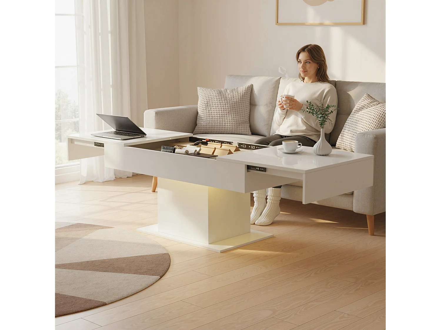 Mara High Gloss White Extendable Coffee Table with LED Lighting and Hidden Storage