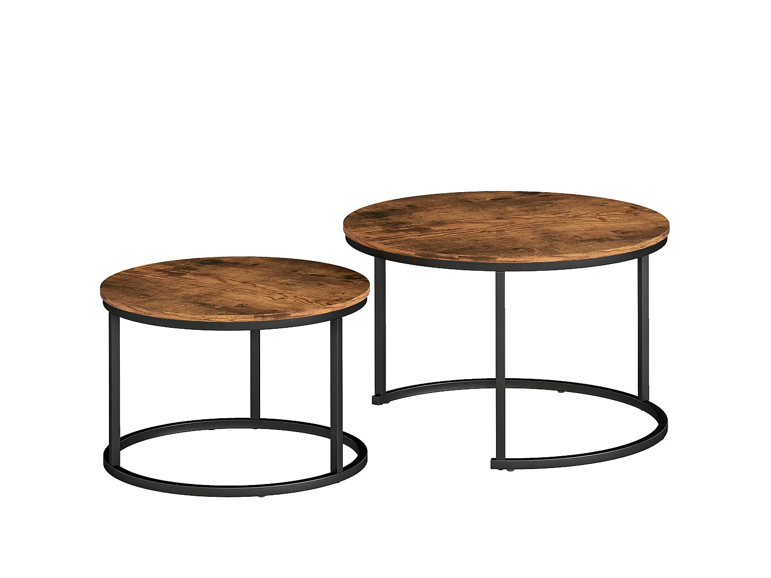 Pasu Set of 2 Round Nesting Coffee Tables Rustic Brown Tops Black Metal Frames