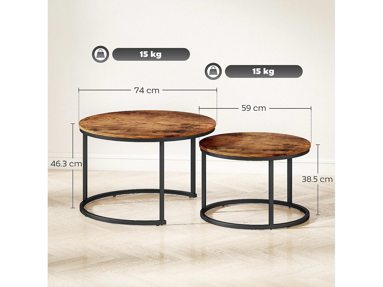 Pasu Set of 2 Round Nesting Coffee Tables Rustic Brown Tops Black Metal Frames