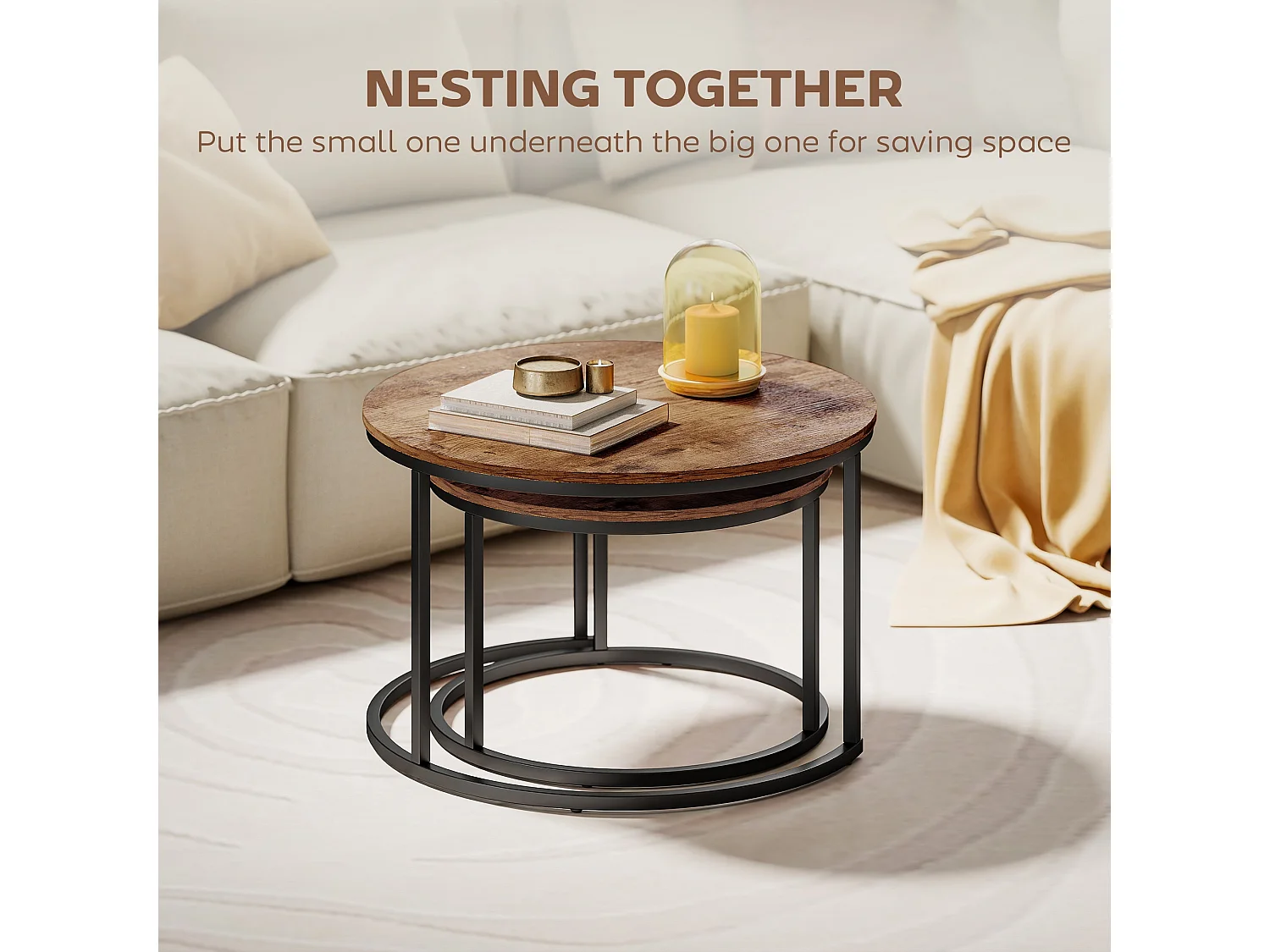 Pasu Set of 2 Round Nesting Coffee Tables Rustic Brown Tops Black Metal Frames