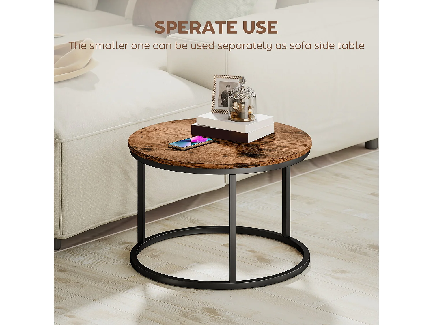 Pasu Set of 2 Round Nesting Coffee Tables Rustic Brown Tops Black Metal Frames