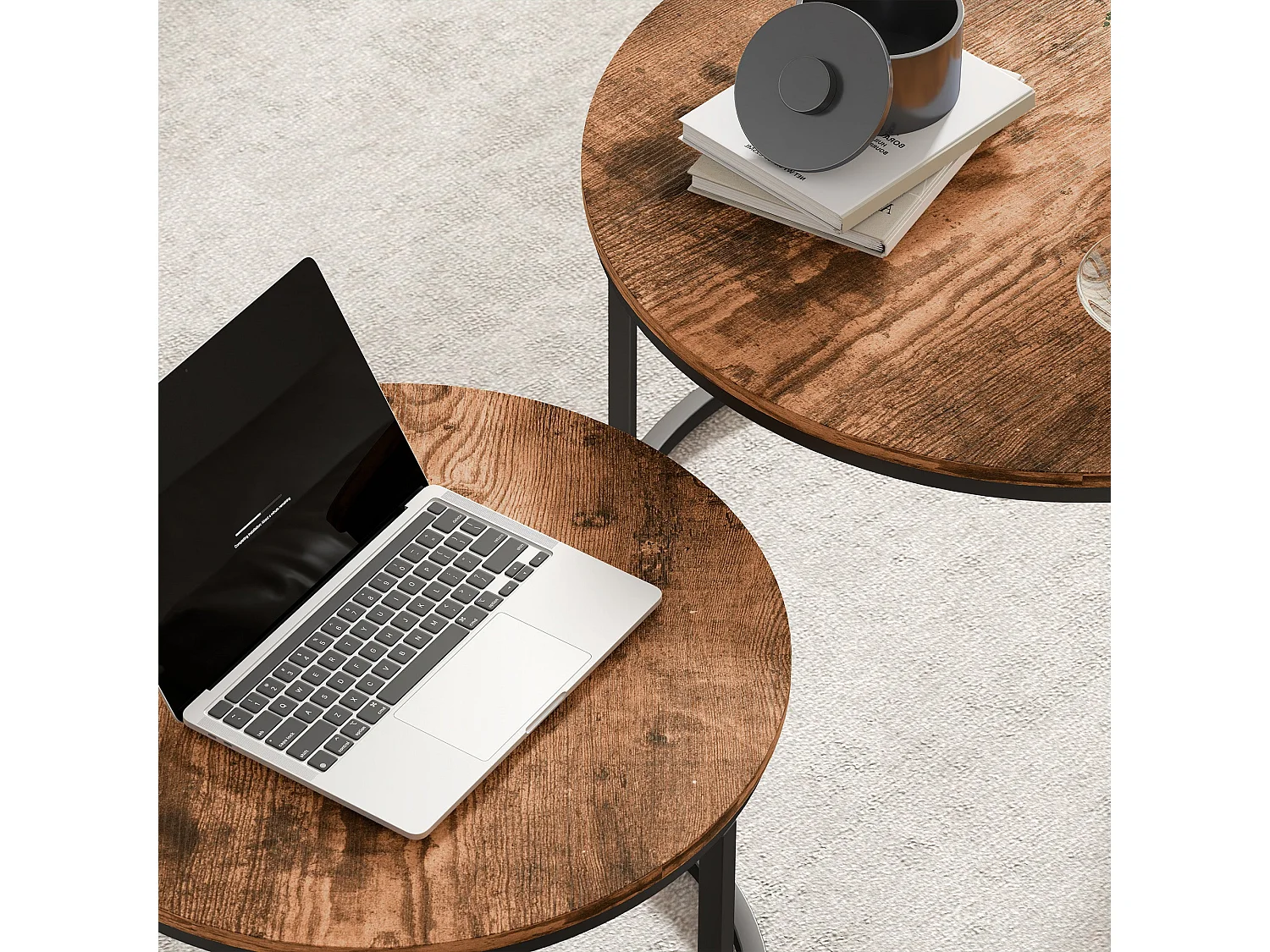Pasu Set of 2 Round Nesting Coffee Tables Rustic Brown Tops Black Metal Frames