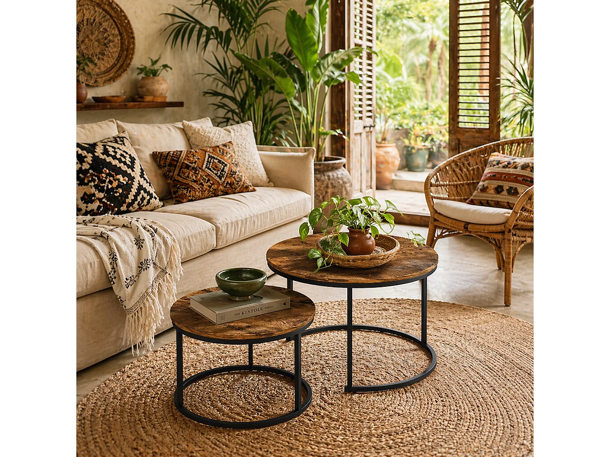 Pasu Set of 2 Round Nesting Coffee Tables Rustic Brown Tops Black Metal Frames