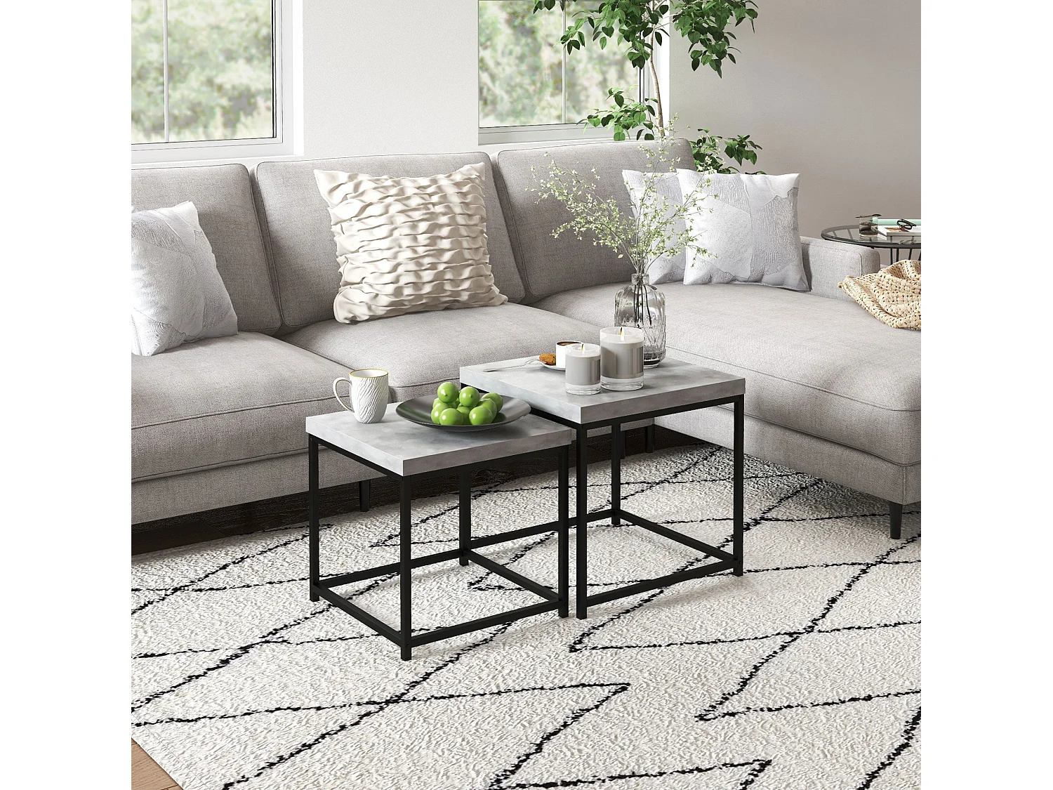 Keco Set of 2 Grey Square Nesting Coffee Tables with 3.5cm Thick Particleboard