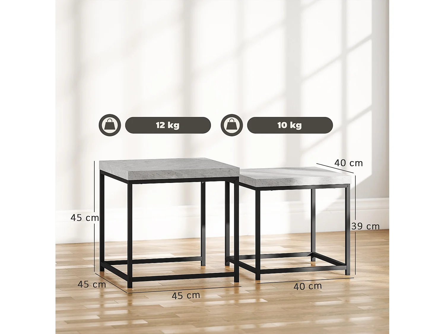 Keco Set of 2 Grey Square Nesting Coffee Tables with 3.5cm Thick Particleboard