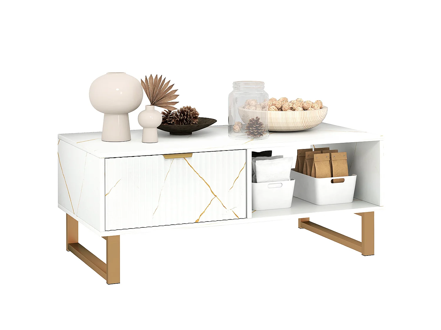 Lima White Marble Effect Coffee Table with Gold Accents and 2 Storage Drawers