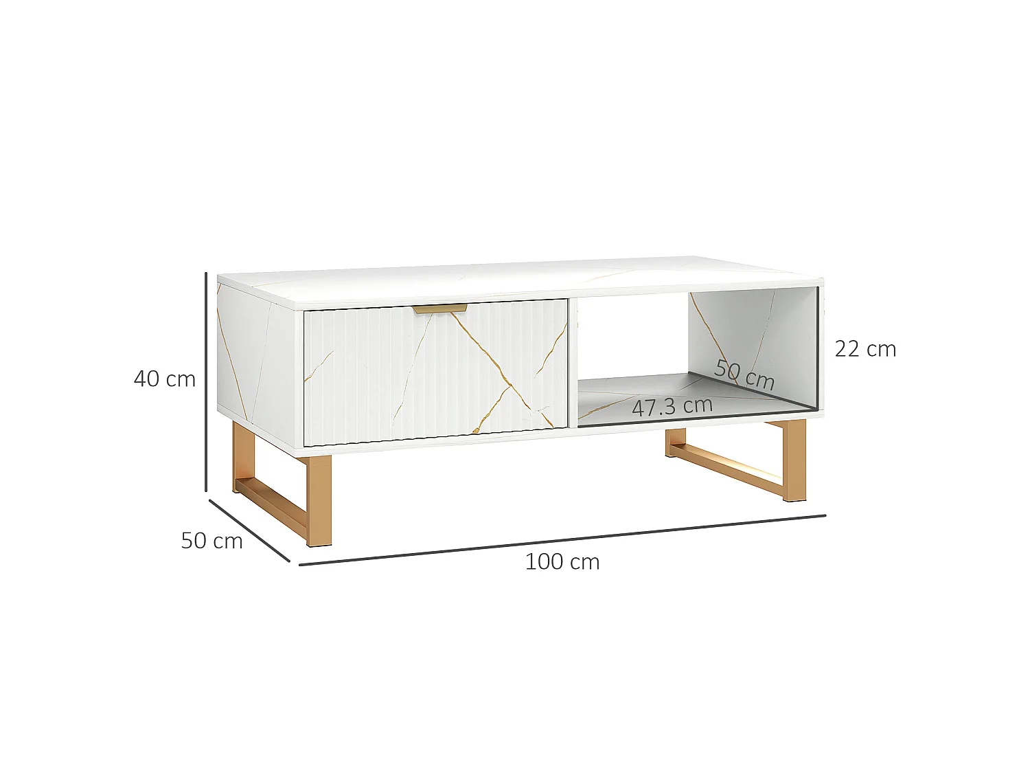 Lima White Marble Effect Coffee Table with Gold Accents and 2 Storage Drawers