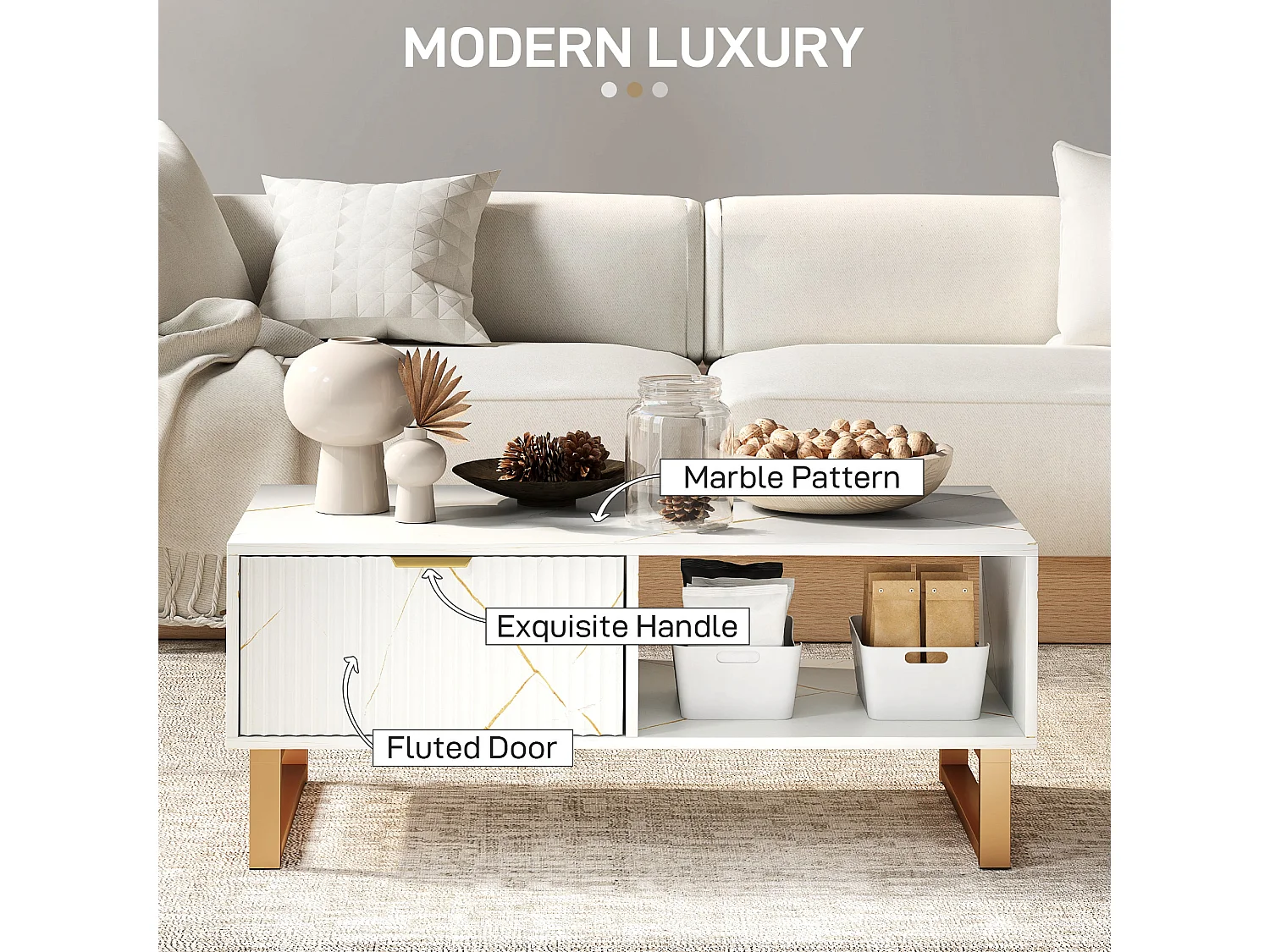 Lima White Marble Effect Coffee Table with Gold Accents and 2 Storage Drawers