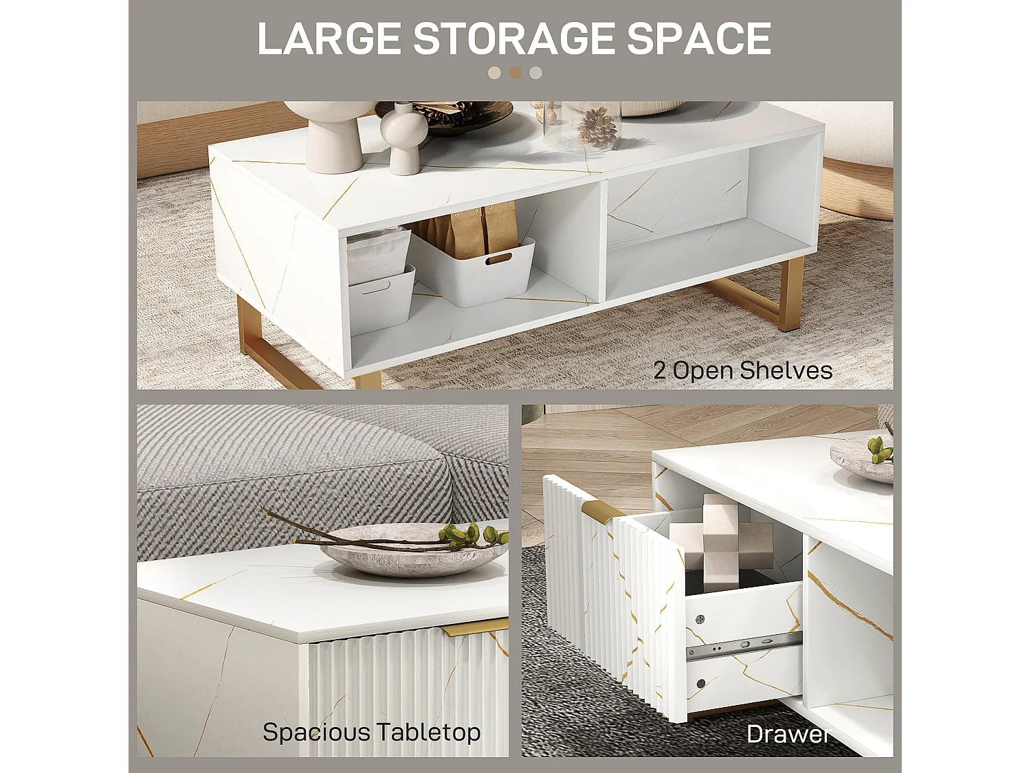 Lima White Marble Effect Coffee Table with Gold Accents and 2 Storage Drawers