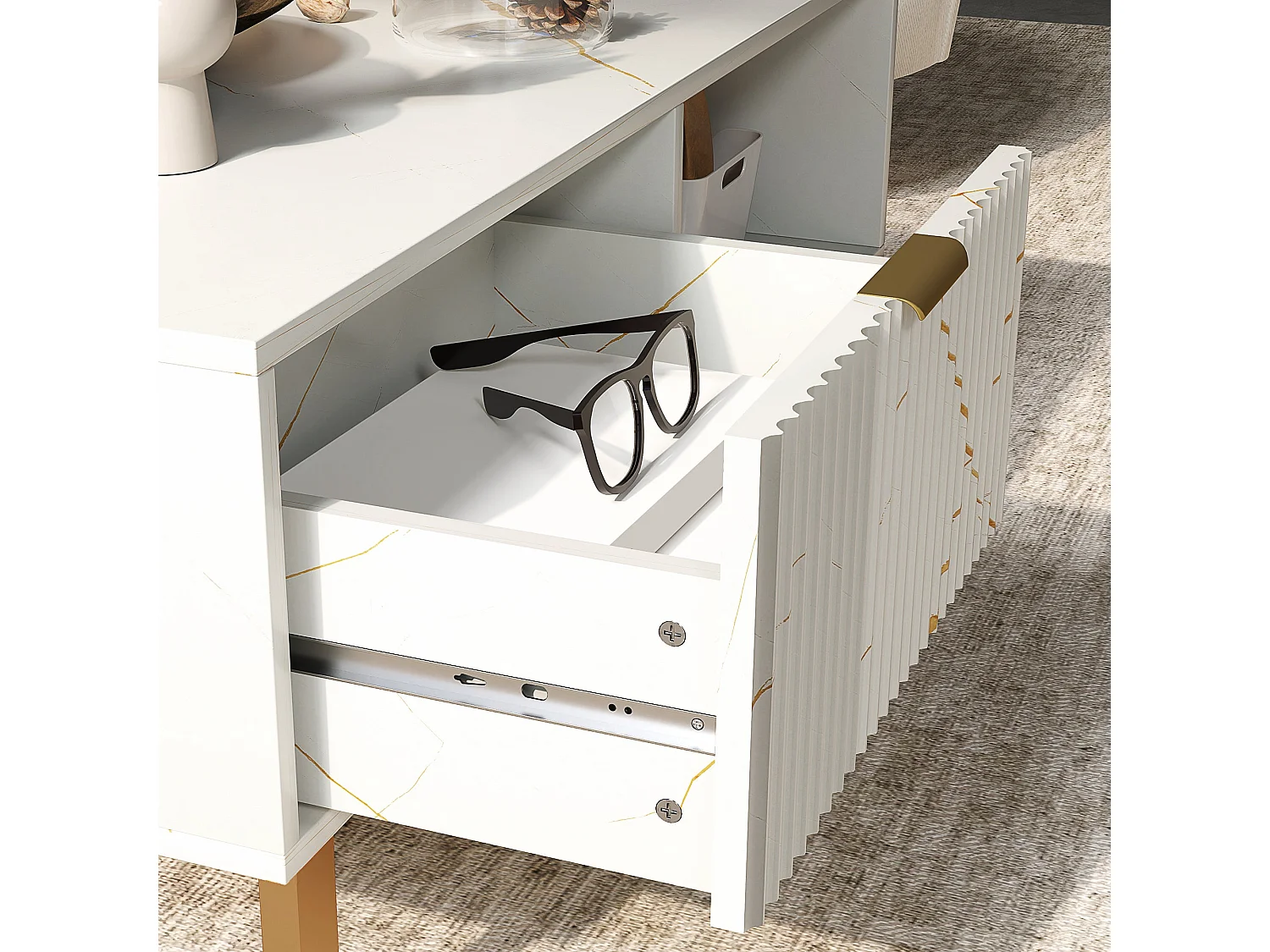 Lima White Marble Effect Coffee Table with Gold Accents and 2 Storage Drawers