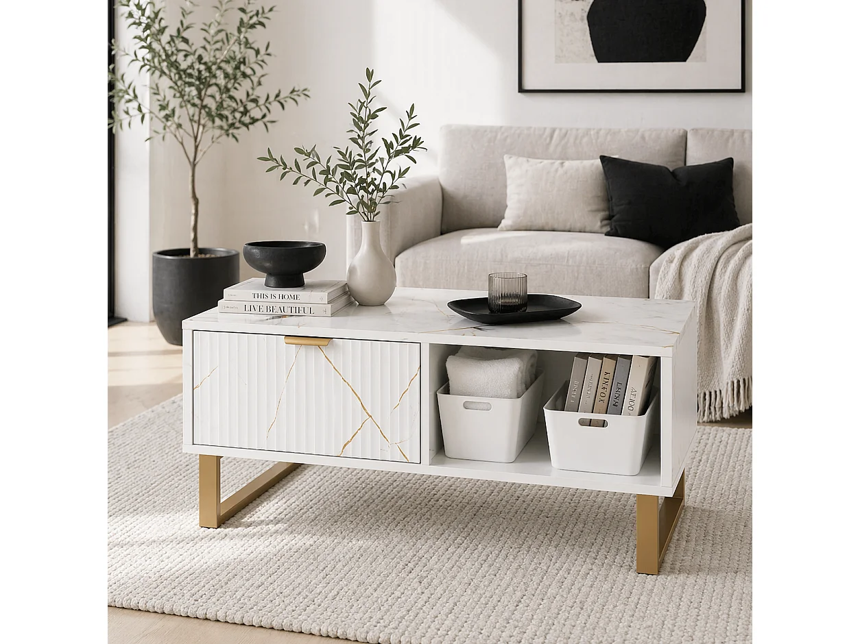 Lima White Marble Effect Coffee Table with Gold Accents and 2 Storage Drawers