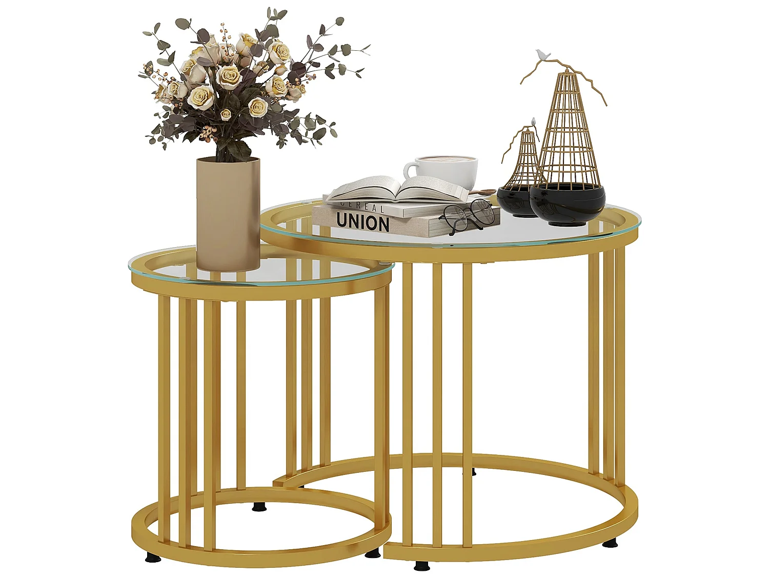 Livi Gold Tone Metal and Tempered Glass Set of 2 Round Nesting Coffee Tables