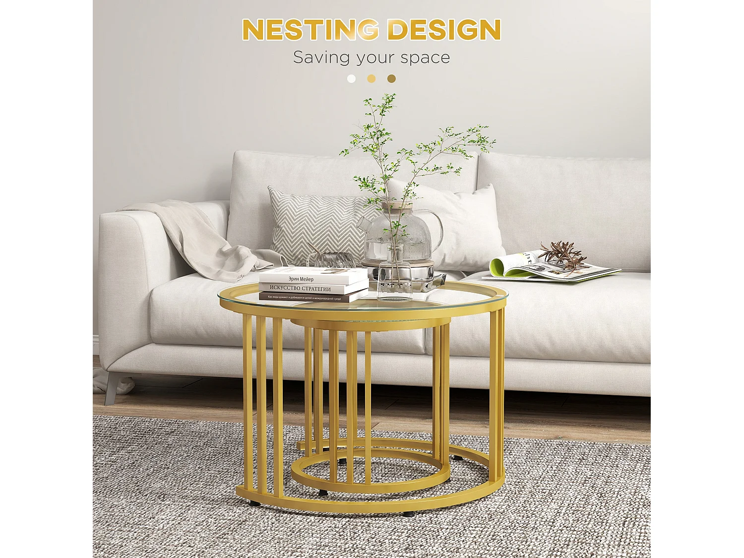 Livi Gold Tone Metal and Tempered Glass Set of 2 Round Nesting Coffee Tables