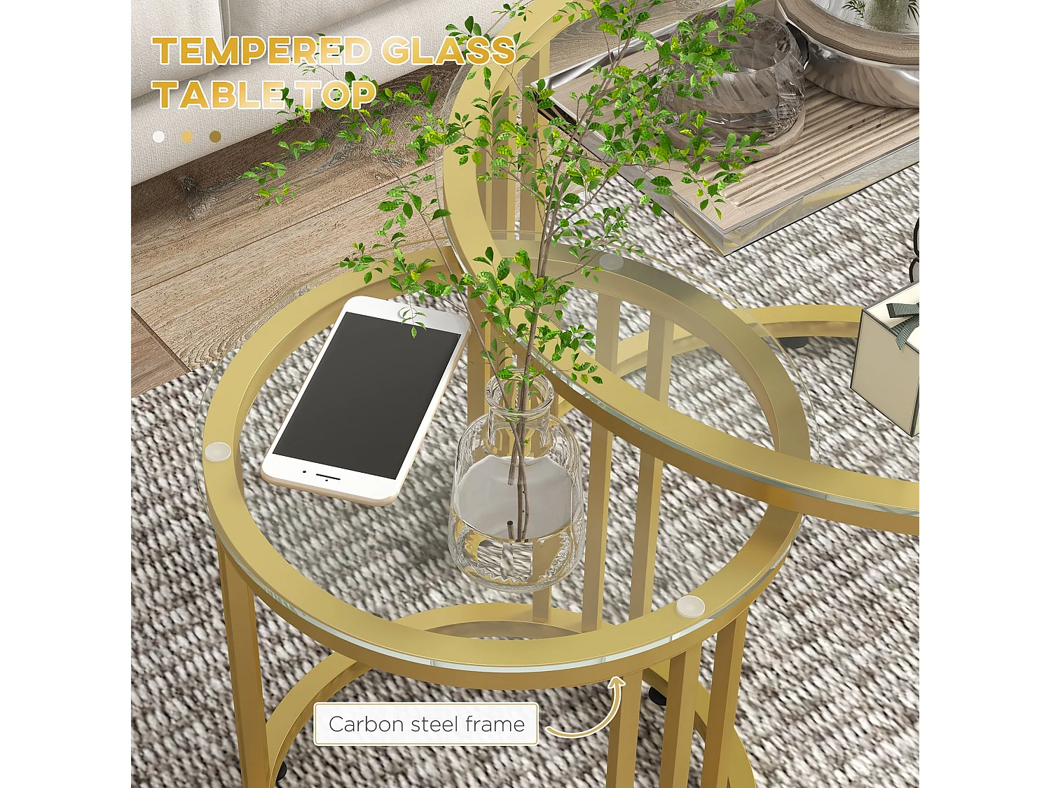 Livi Gold Tone Metal and Tempered Glass Set of 2 Round Nesting Coffee Tables