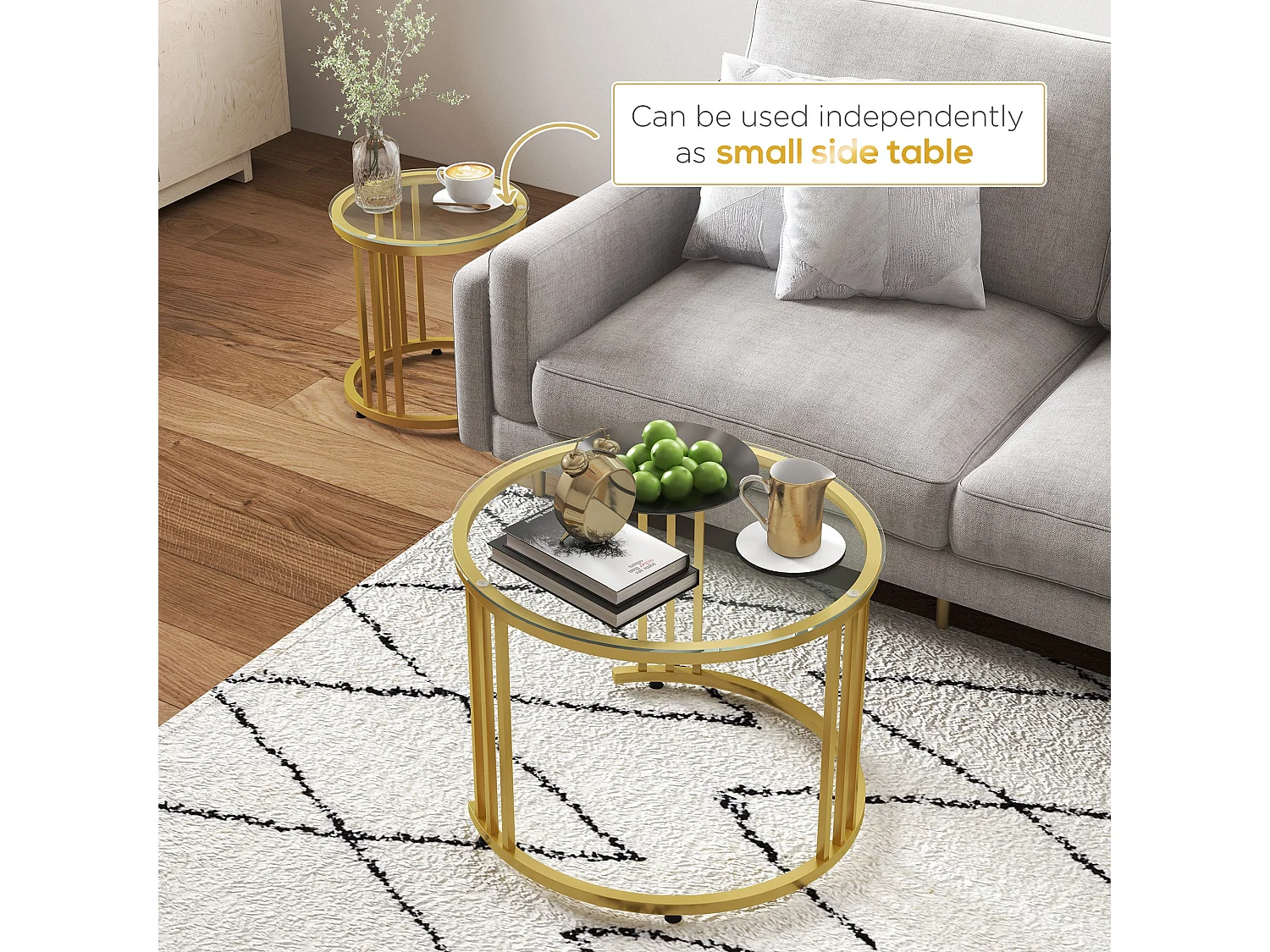 Livi Gold Tone Metal and Tempered Glass Set of 2 Round Nesting Coffee Tables