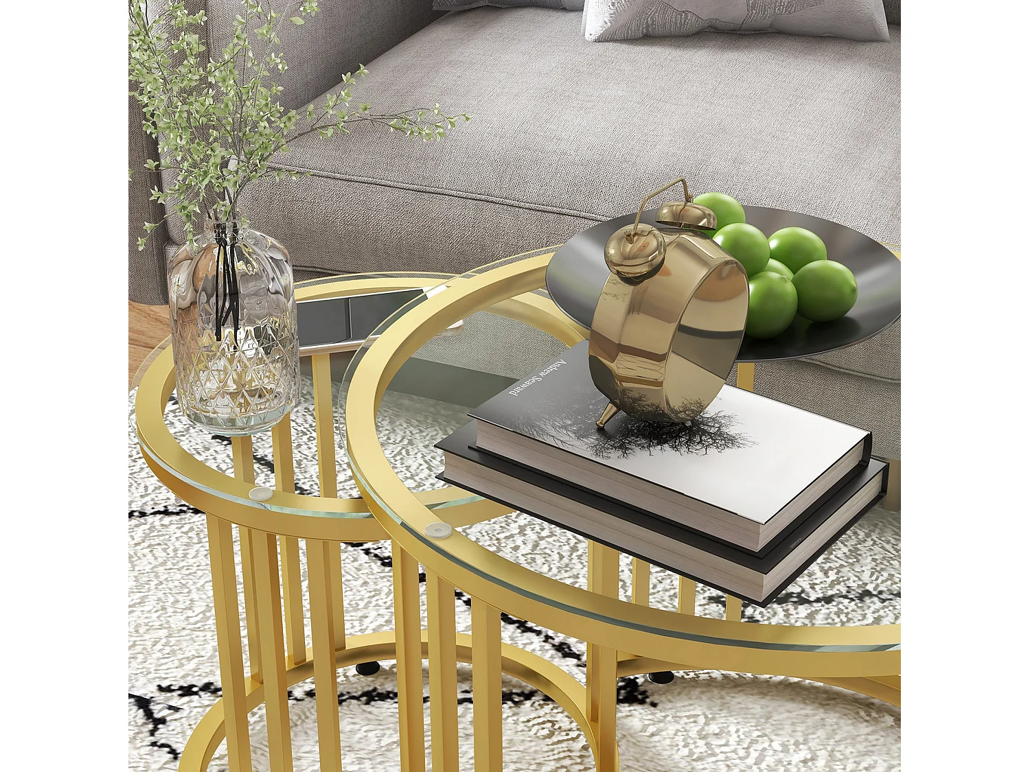 Livi Gold Tone Metal and Tempered Glass Set of 2 Round Nesting Coffee Tables