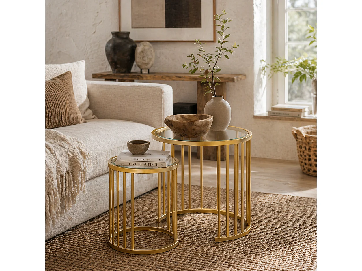 Livi Gold Tone Metal and Tempered Glass Set of 2 Round Nesting Coffee Tables