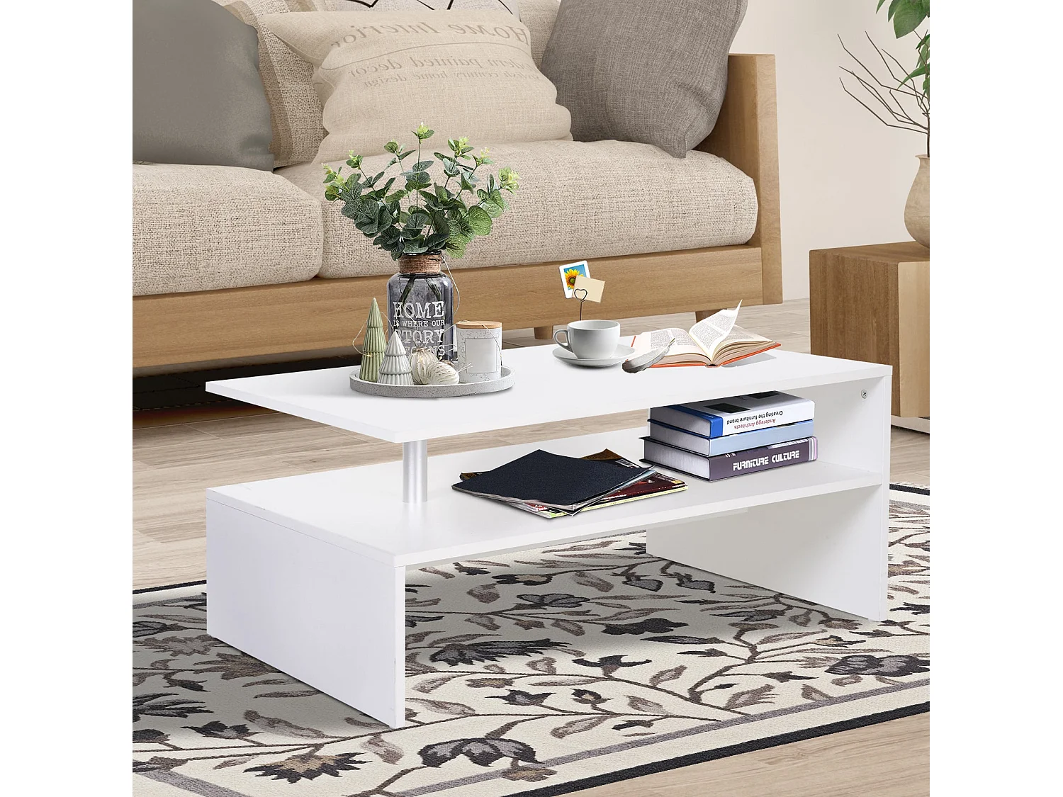 Vifama 2 Tier White Coffee Table Open Shelving Aluminium Supports