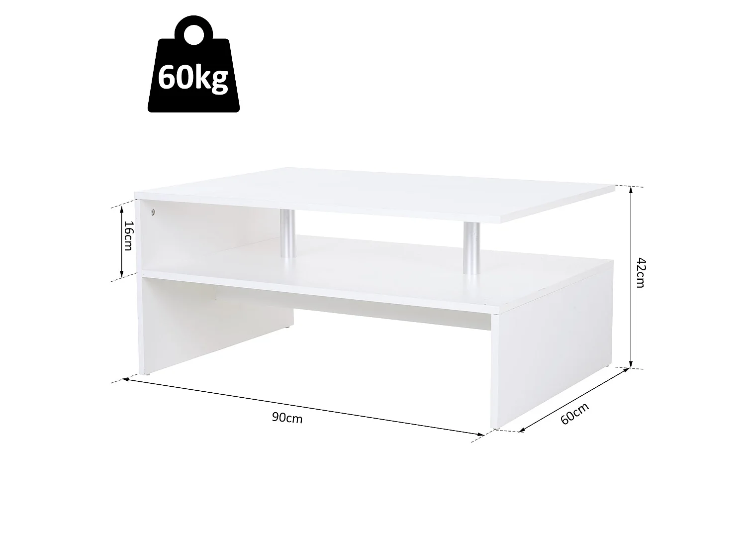 Vifama 2 Tier White Coffee Table Open Shelving Aluminium Supports