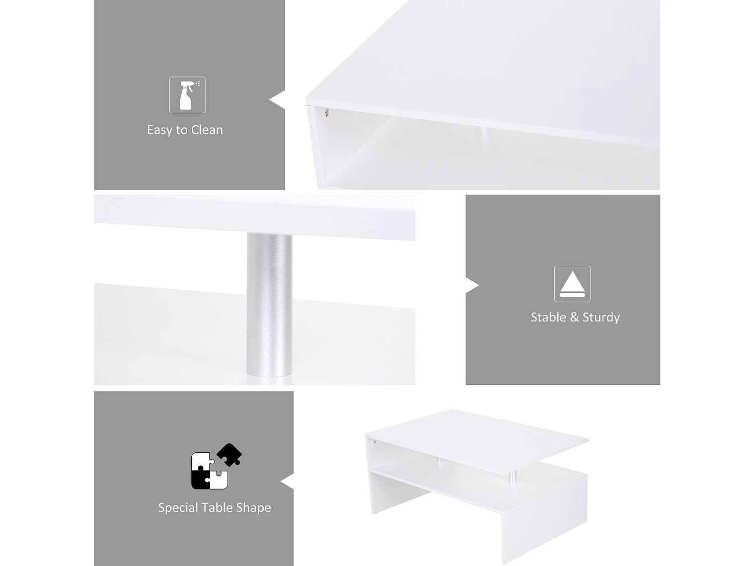 Vifama 2 Tier White Coffee Table Open Shelving Aluminium Supports