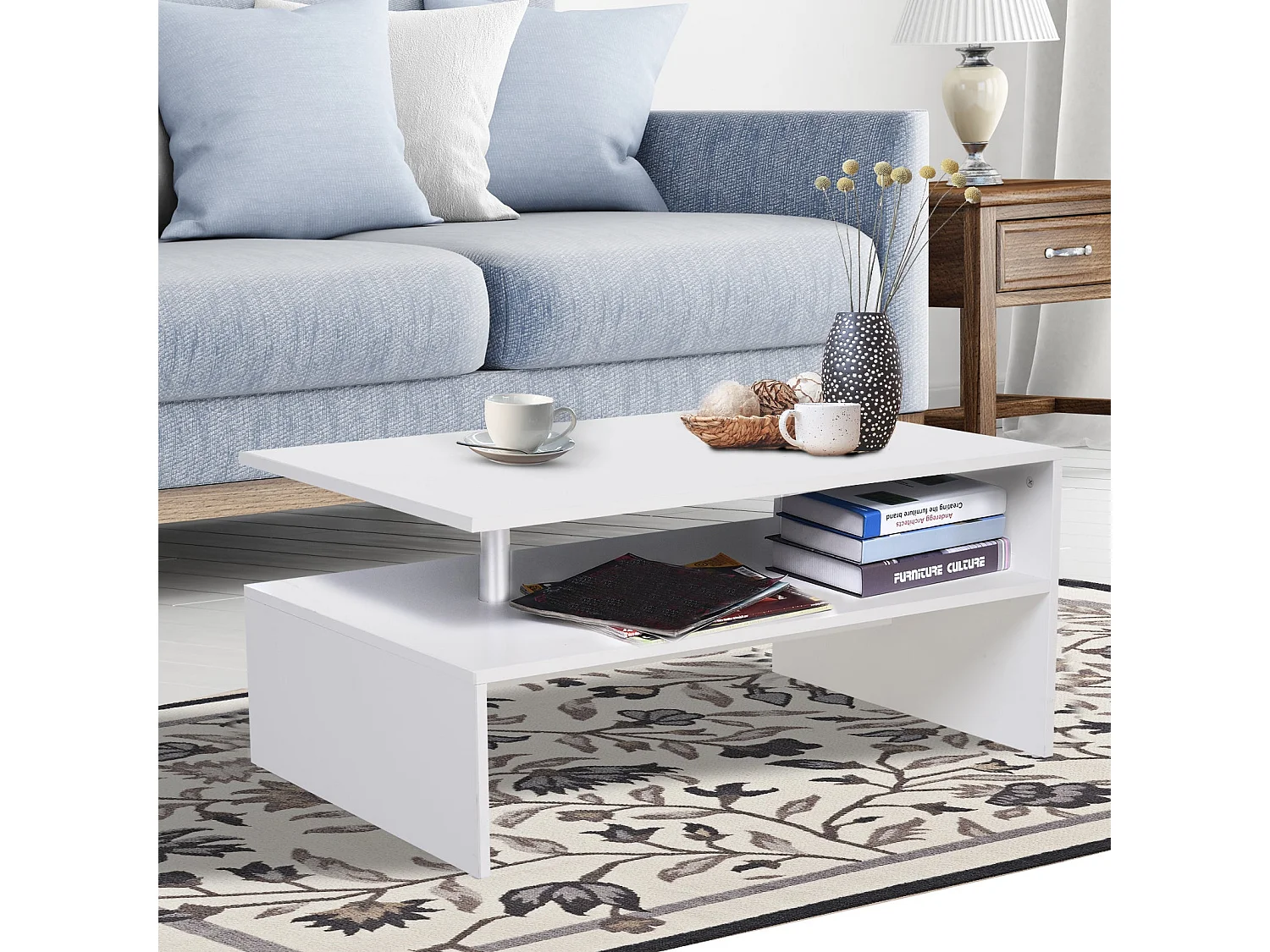 Vifama 2 Tier White Coffee Table Open Shelving Aluminium Supports
