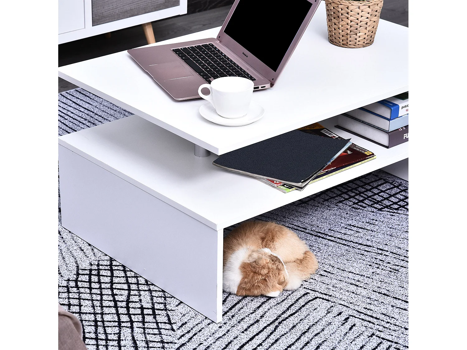 Vifama 2 Tier White Coffee Table Open Shelving Aluminium Supports