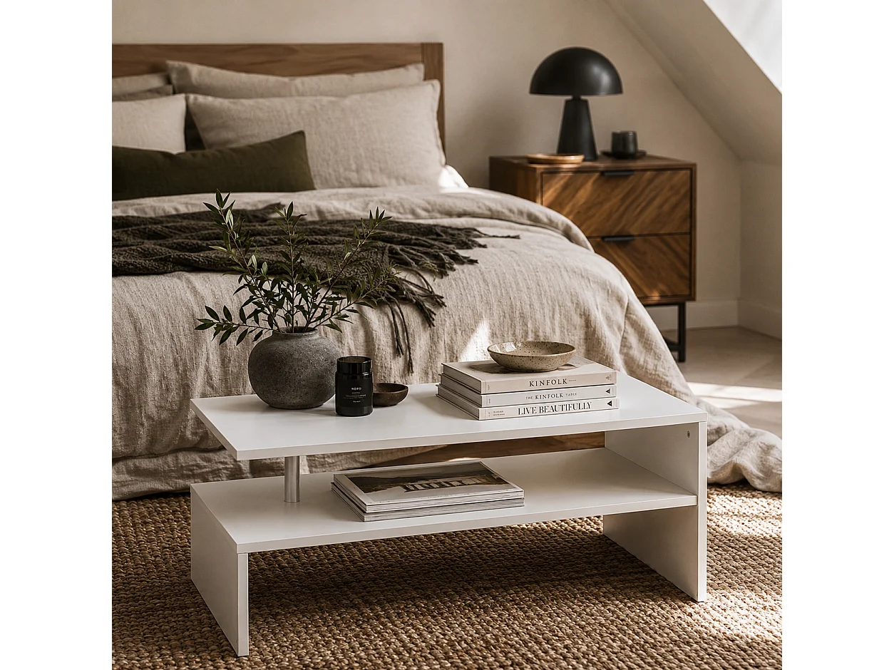 Vifama 2 Tier White Coffee Table Open Shelving Aluminium Supports