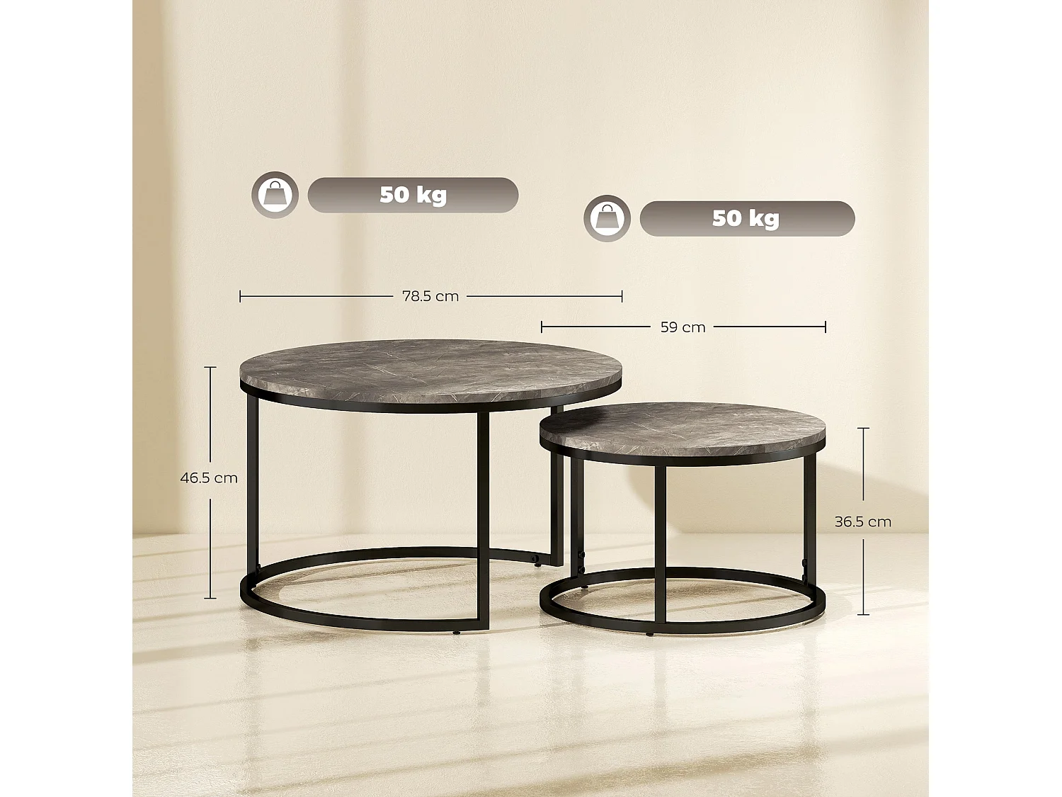 Reniso Set of 2 Industrial Round Nesting Coffee Tables Marble Effect MDF Tops Steel Frames