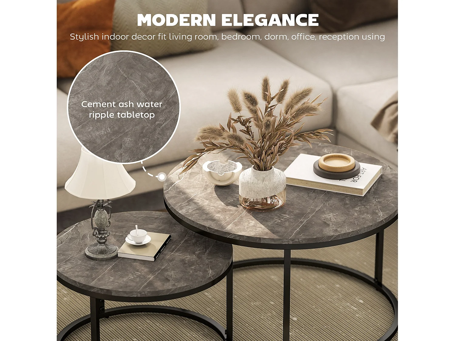 Reniso Set of 2 Industrial Round Nesting Coffee Tables Marble Effect MDF Tops Steel Frames