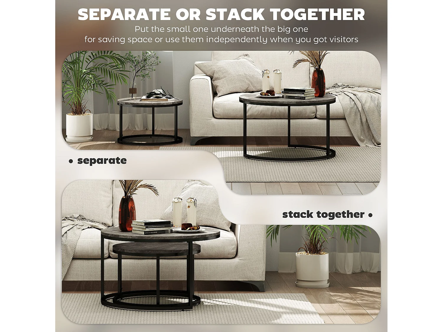 Reniso Set of 2 Industrial Round Nesting Coffee Tables Marble Effect MDF Tops Steel Frames
