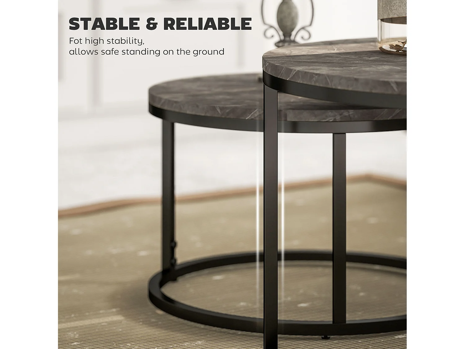 Reniso Set of 2 Industrial Round Nesting Coffee Tables Marble Effect MDF Tops Steel Frames