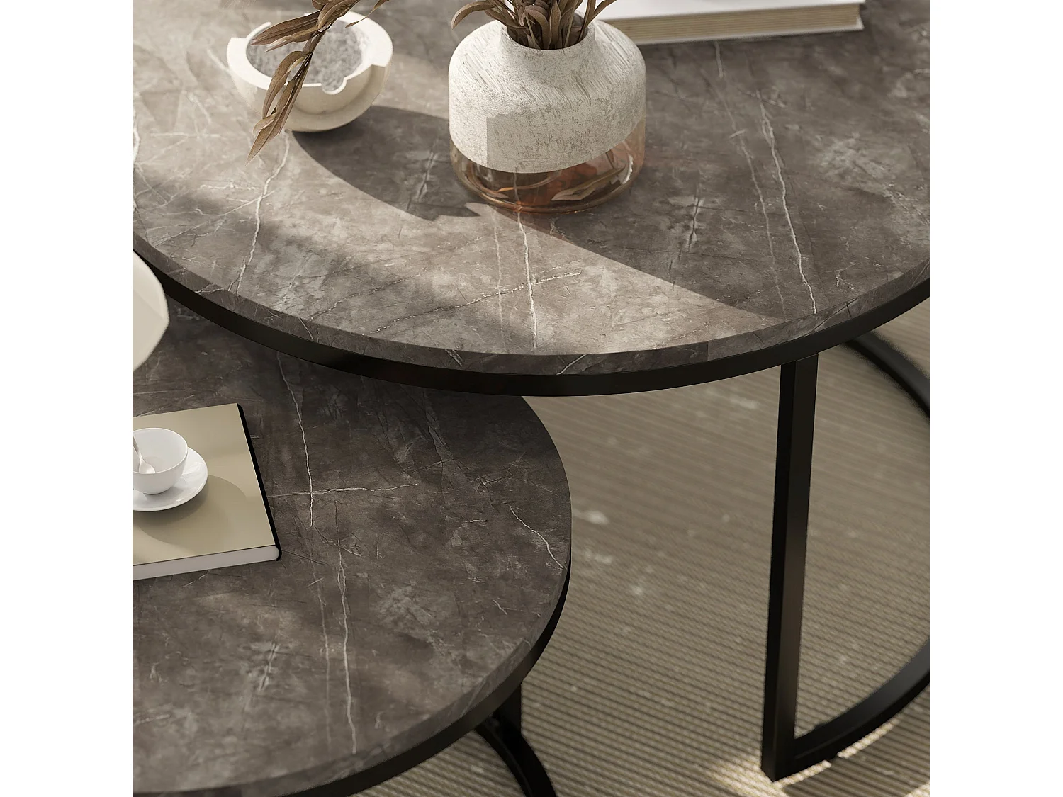 Reniso Set of 2 Industrial Round Nesting Coffee Tables Marble Effect MDF Tops Steel Frames