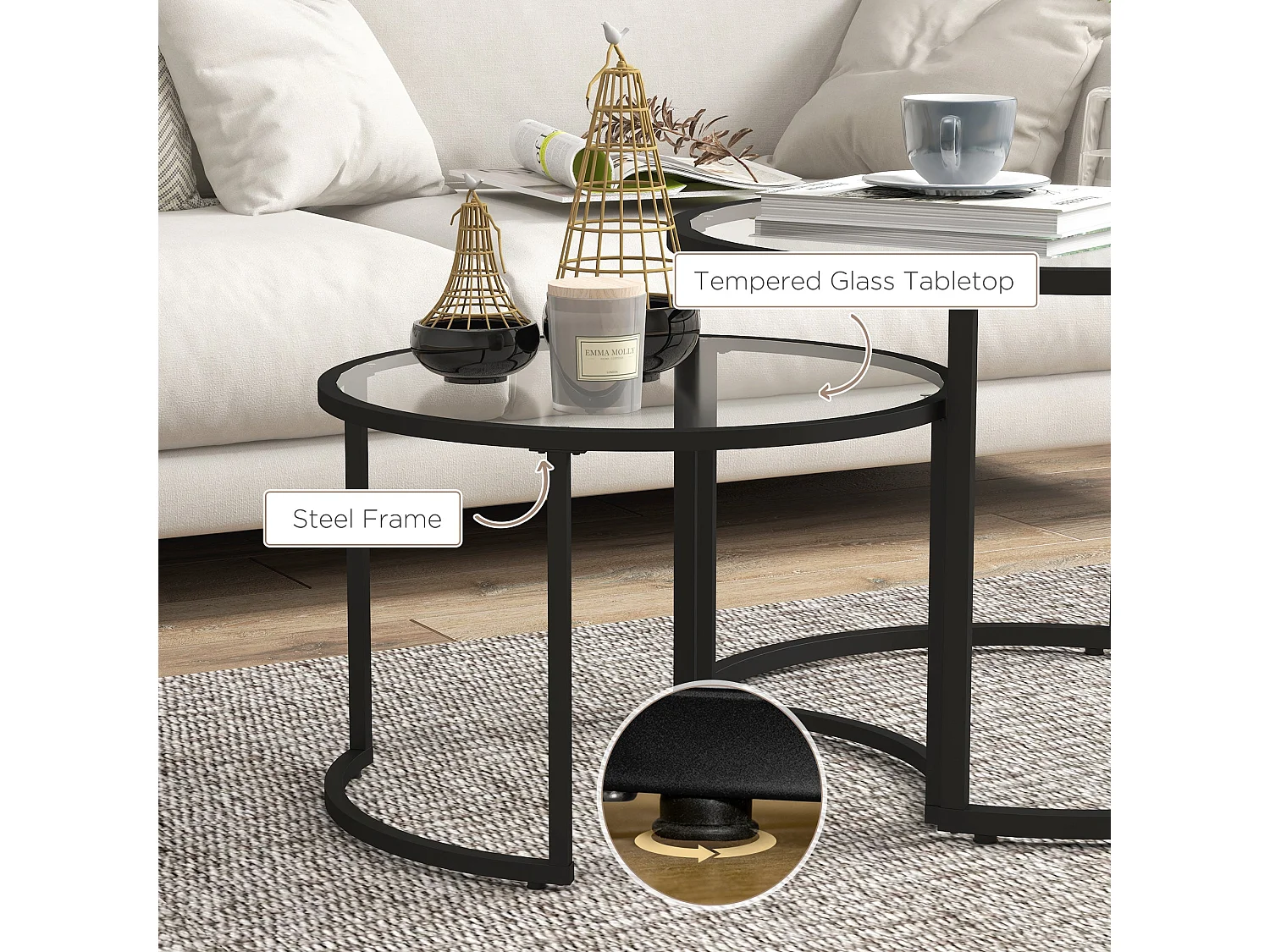 Nase Black Metal and Clear Glass Nesting Coffee Tables Set of 2