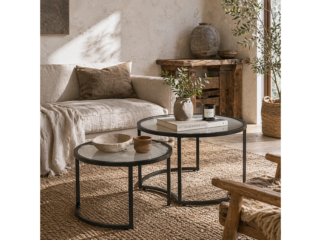 Nase Black Metal and Clear Glass Nesting Coffee Tables Set of 2