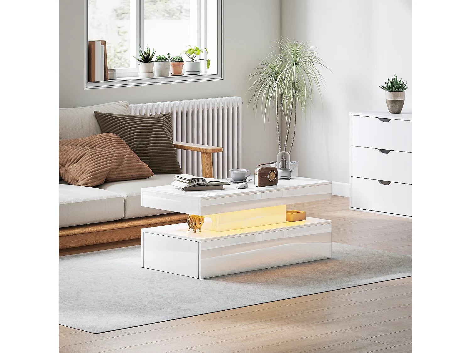 Lomoyo 95cm High Gloss White LED Coffee Table with Storage