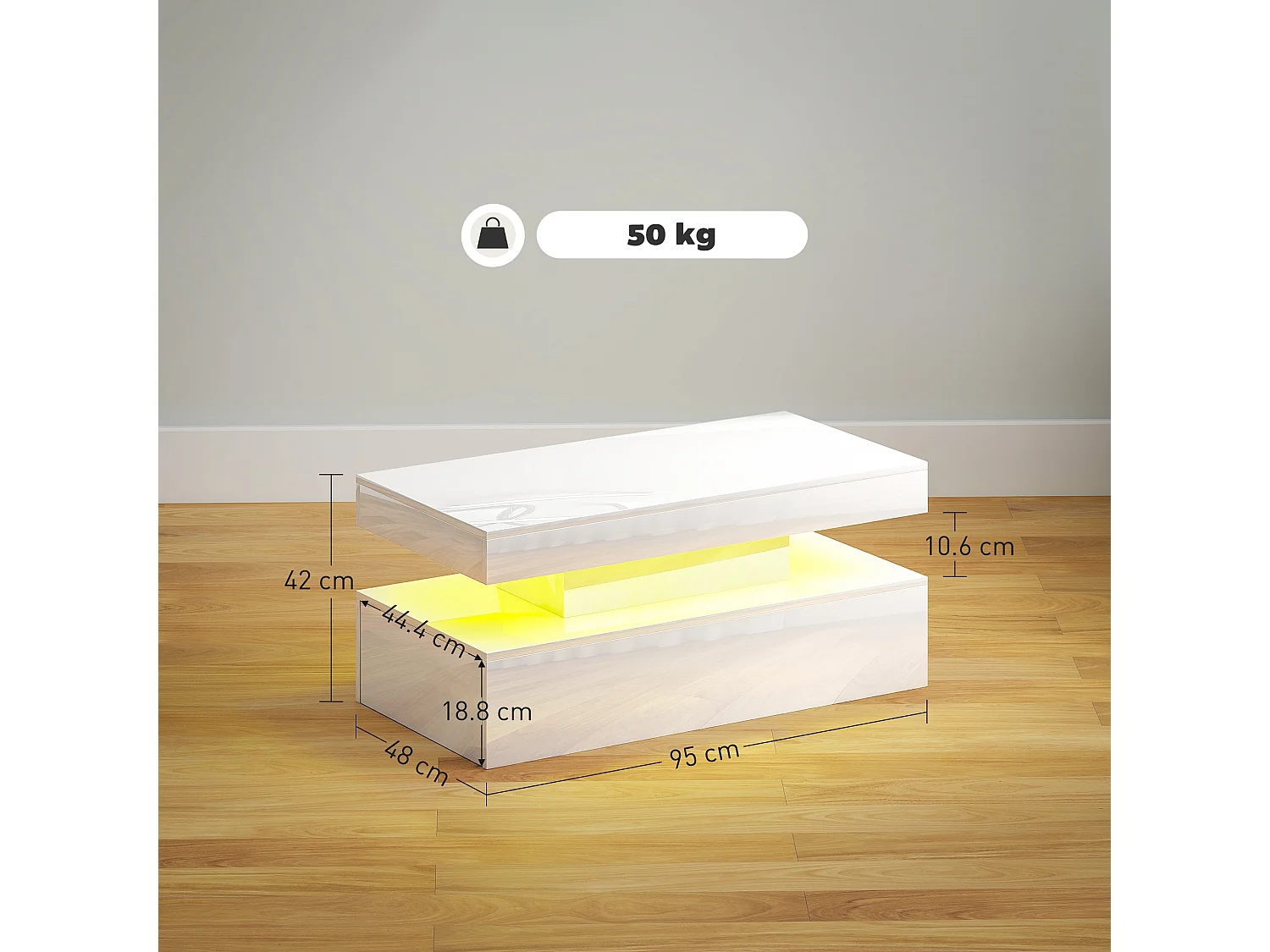 Lomoyo 95cm High Gloss White LED Coffee Table with Storage