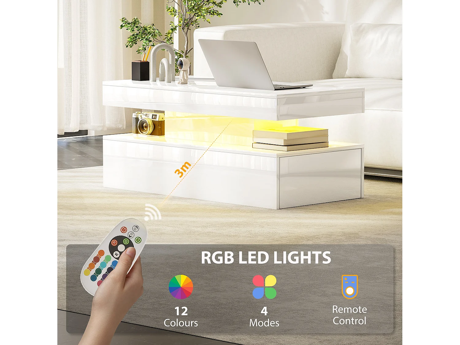Lomoyo 95cm High Gloss White LED Coffee Table with Storage