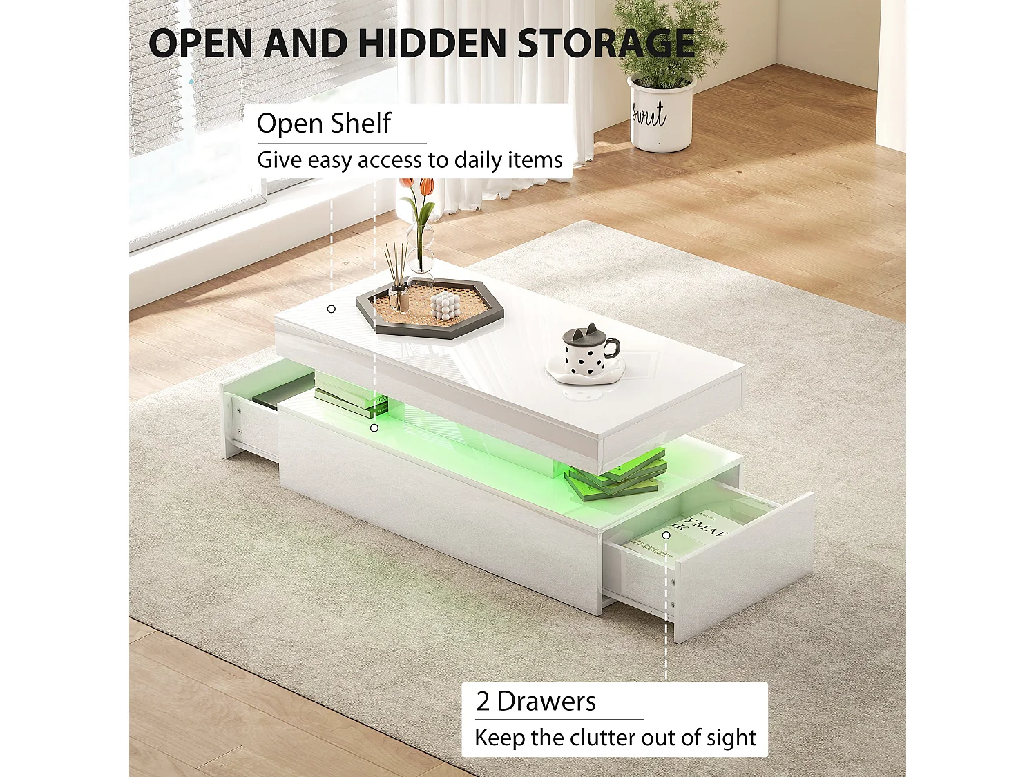 Lomoyo 95cm High Gloss White LED Coffee Table with Storage