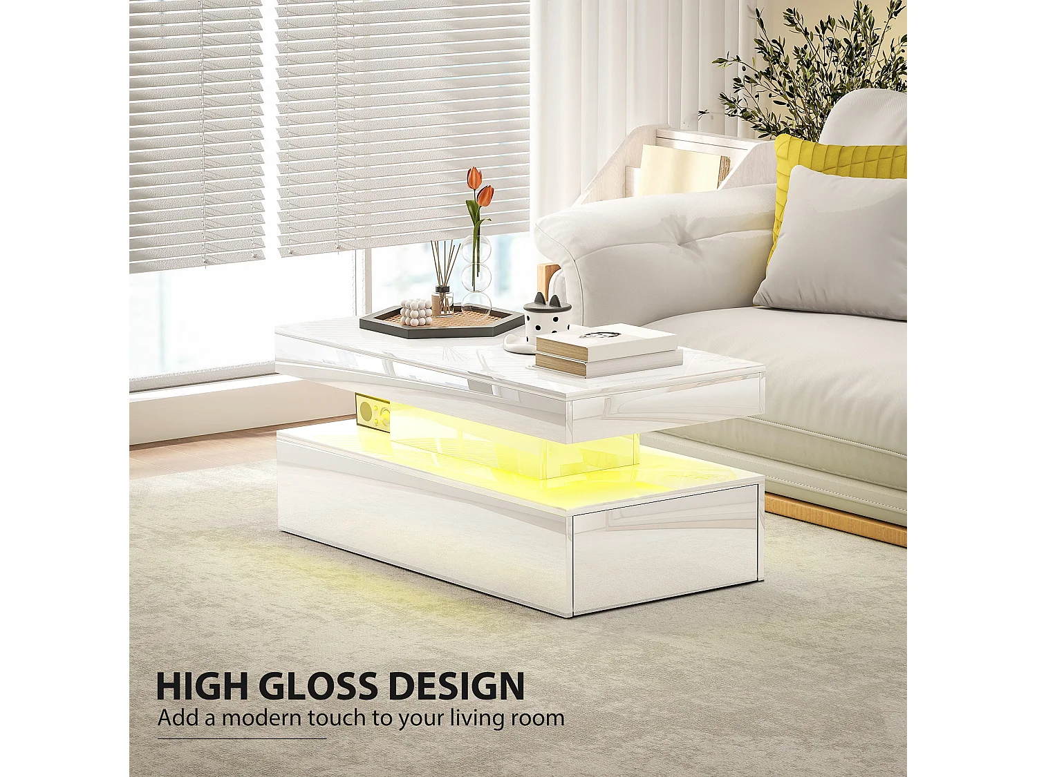 Lomoyo 95cm High Gloss White LED Coffee Table with Storage