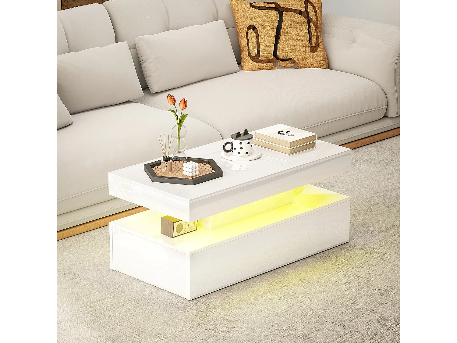 Lomoyo 95cm High Gloss White LED Coffee Table with Storage