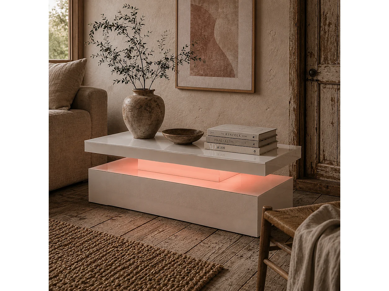 Lomoyo 95cm High Gloss White LED Coffee Table with Storage