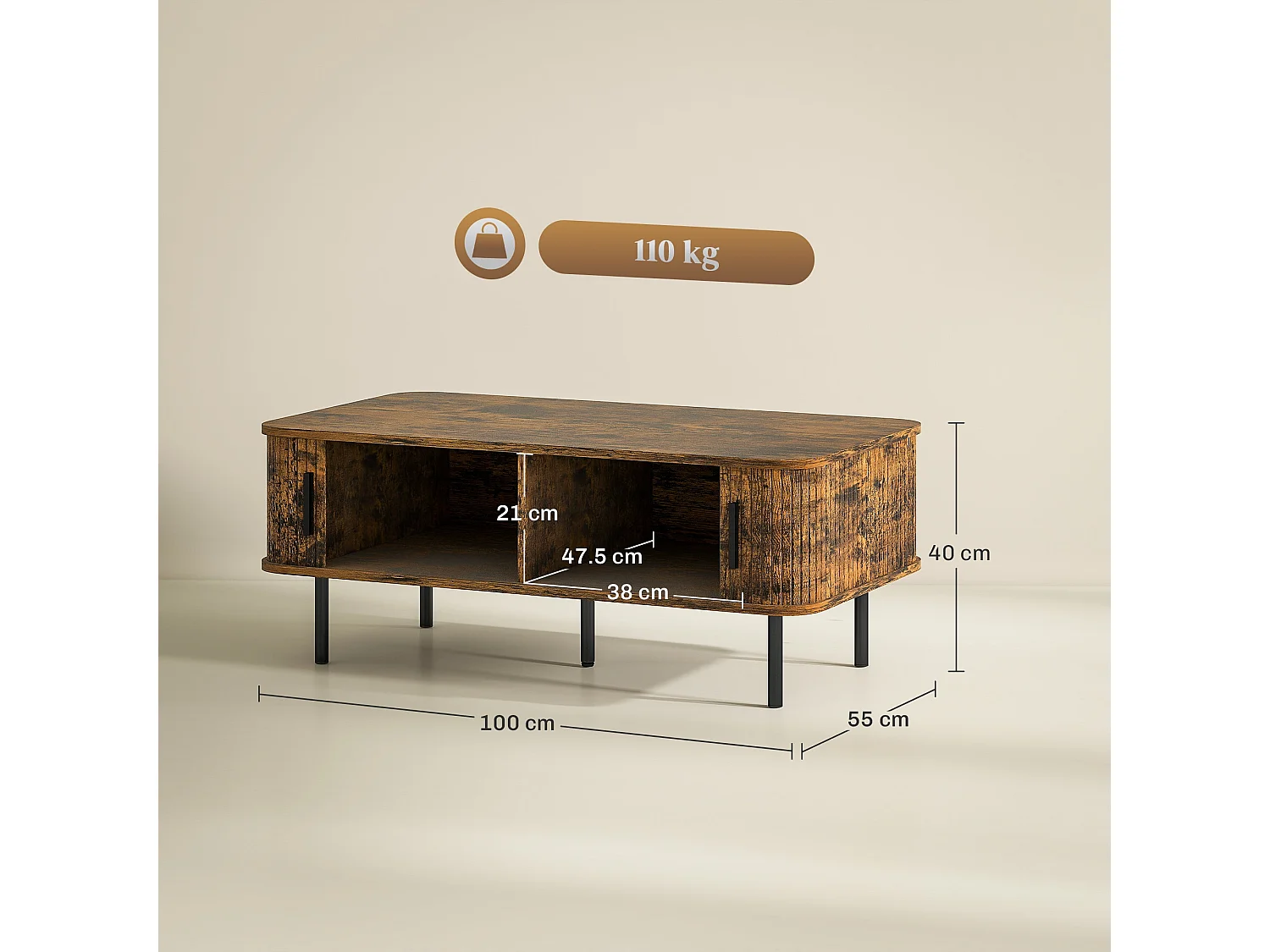 Ninoma Rustic Brown Rectangular Coffee Table with Tambour Sliding Doors