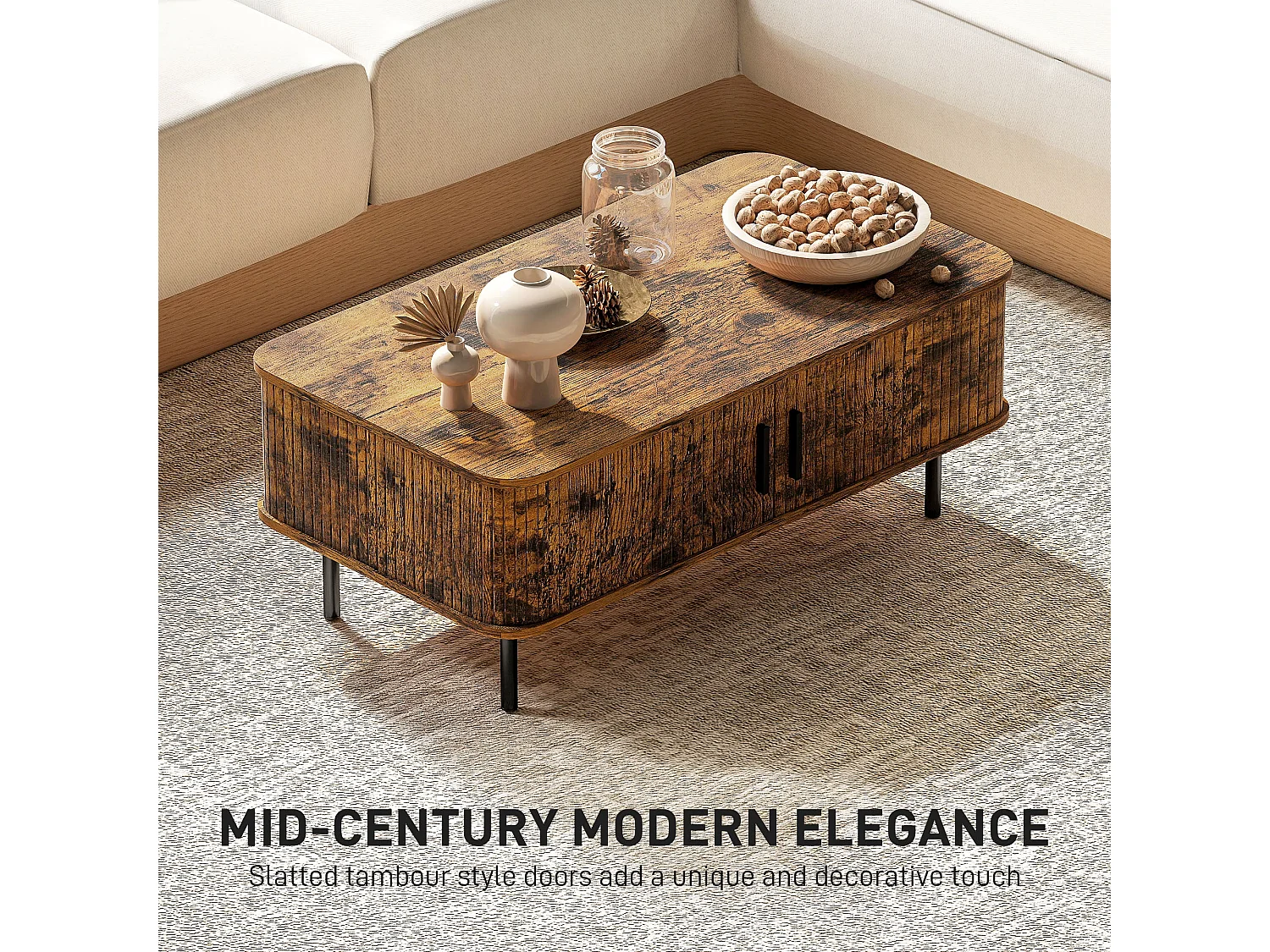 Ninoma Rustic Brown Rectangular Coffee Table with Tambour Sliding Doors