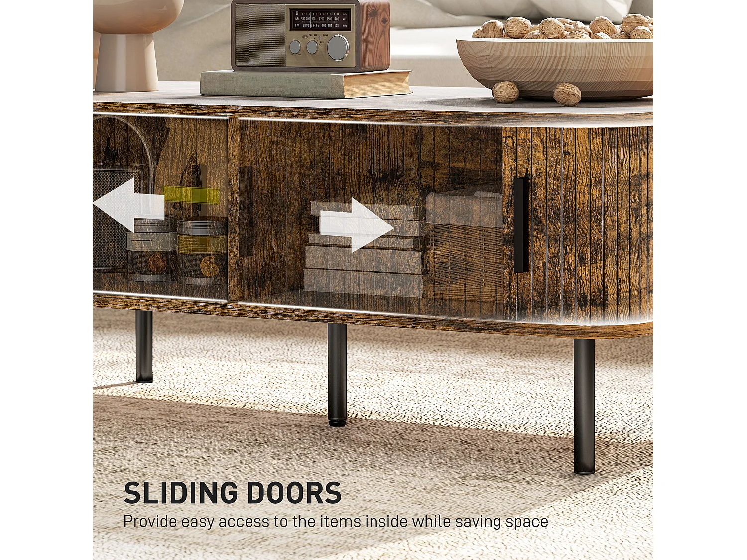 Ninoma Rustic Brown Rectangular Coffee Table with Tambour Sliding Doors