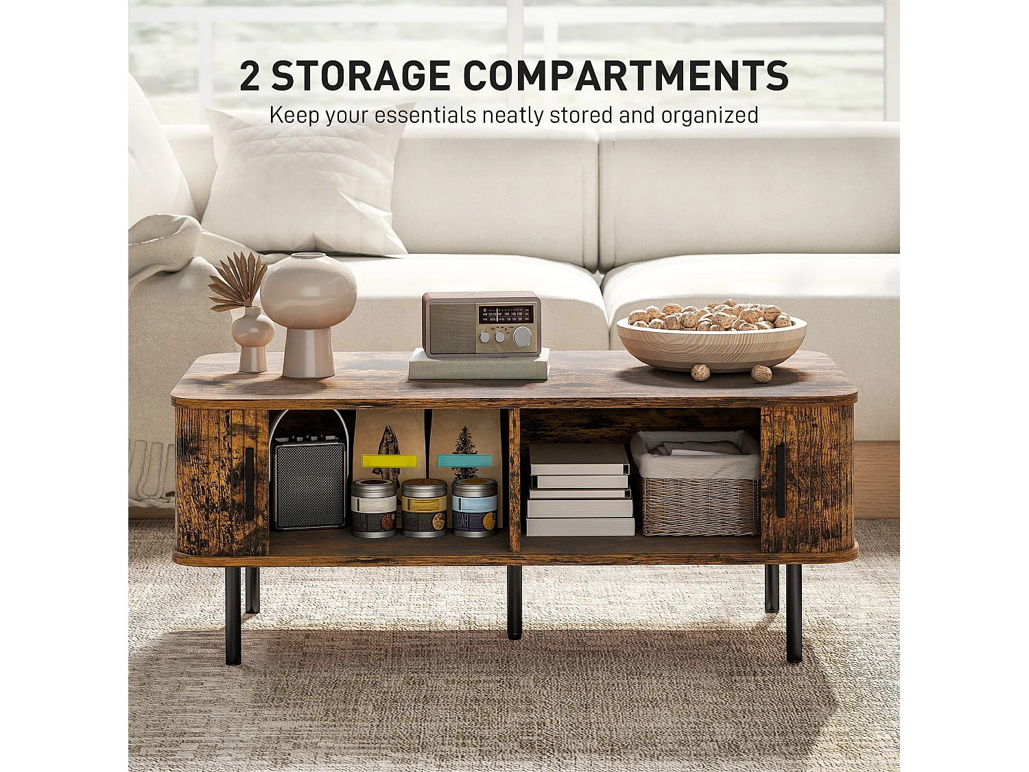 Ninoma Rustic Brown Rectangular Coffee Table with Tambour Sliding Doors