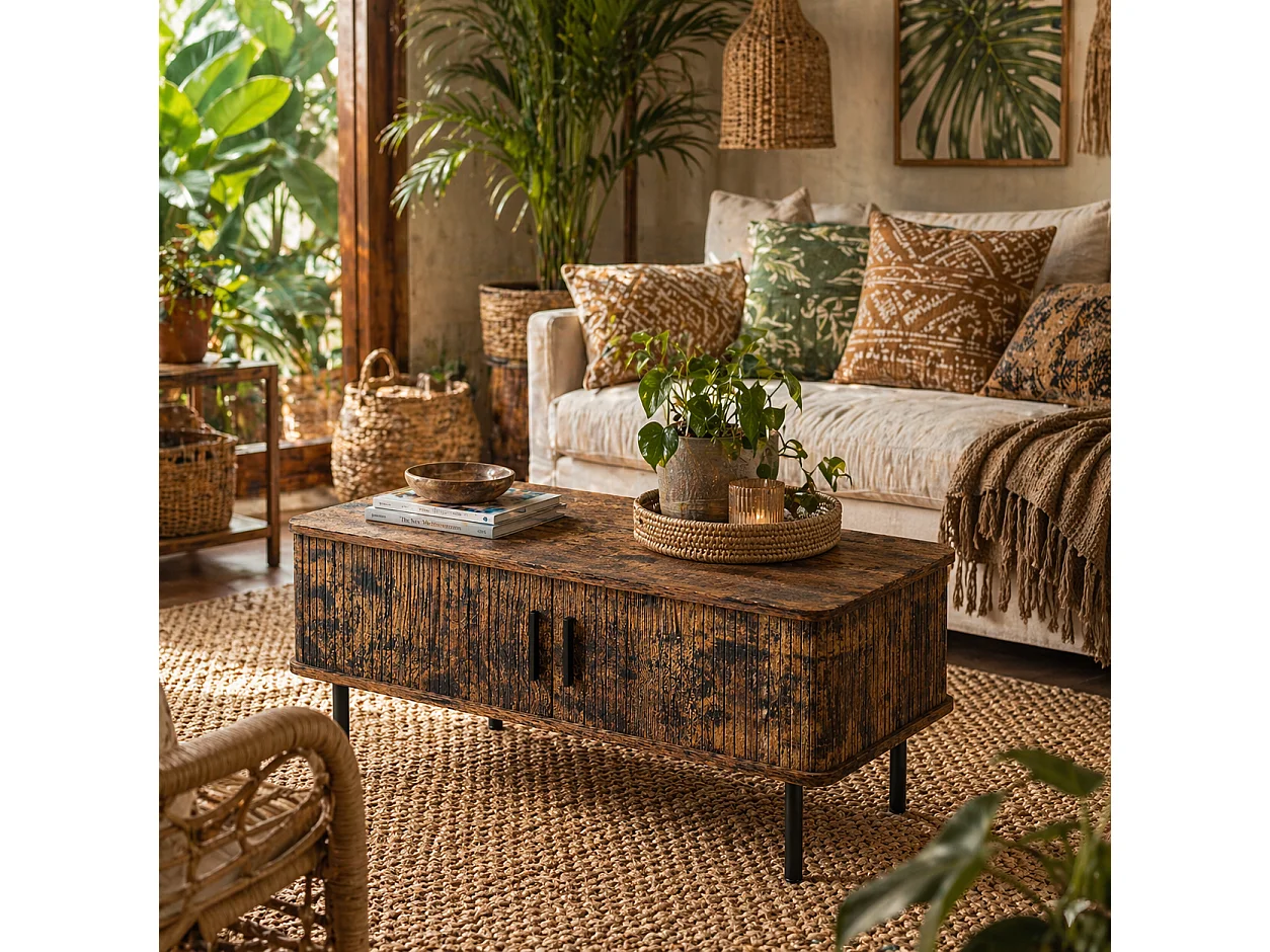 Ninoma Rustic Brown Rectangular Coffee Table with Tambour Sliding Doors