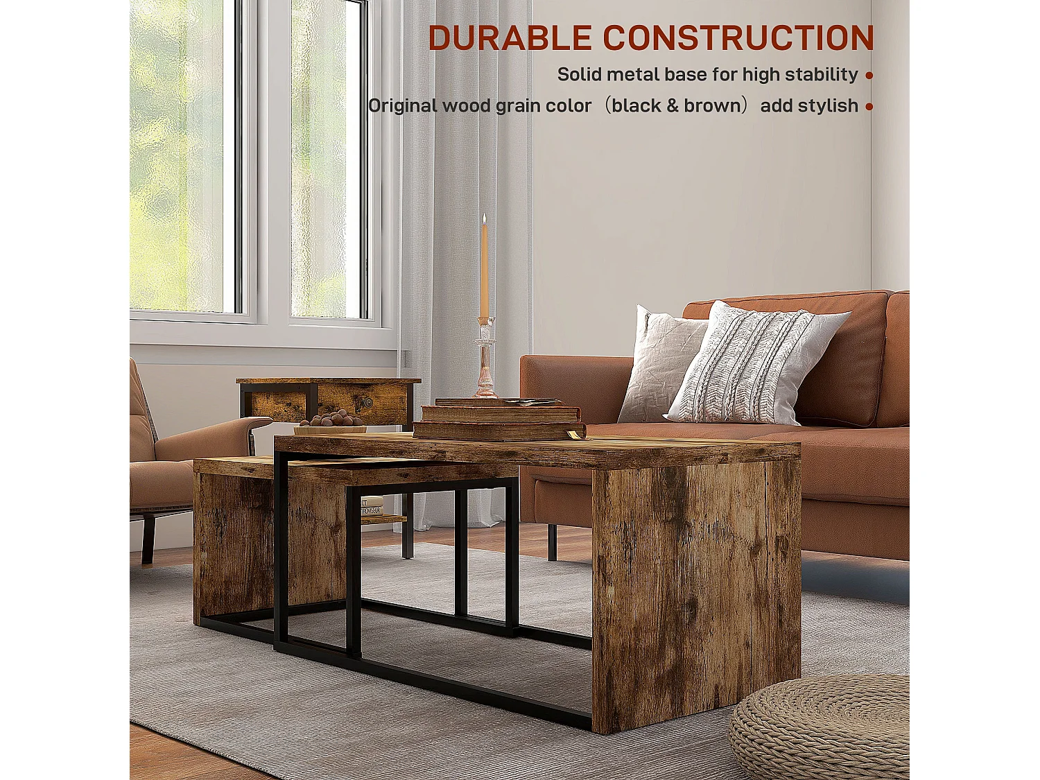 Lirare Set of 2 Industrial Nesting Side Tables Rustic Brown Metal and Wood