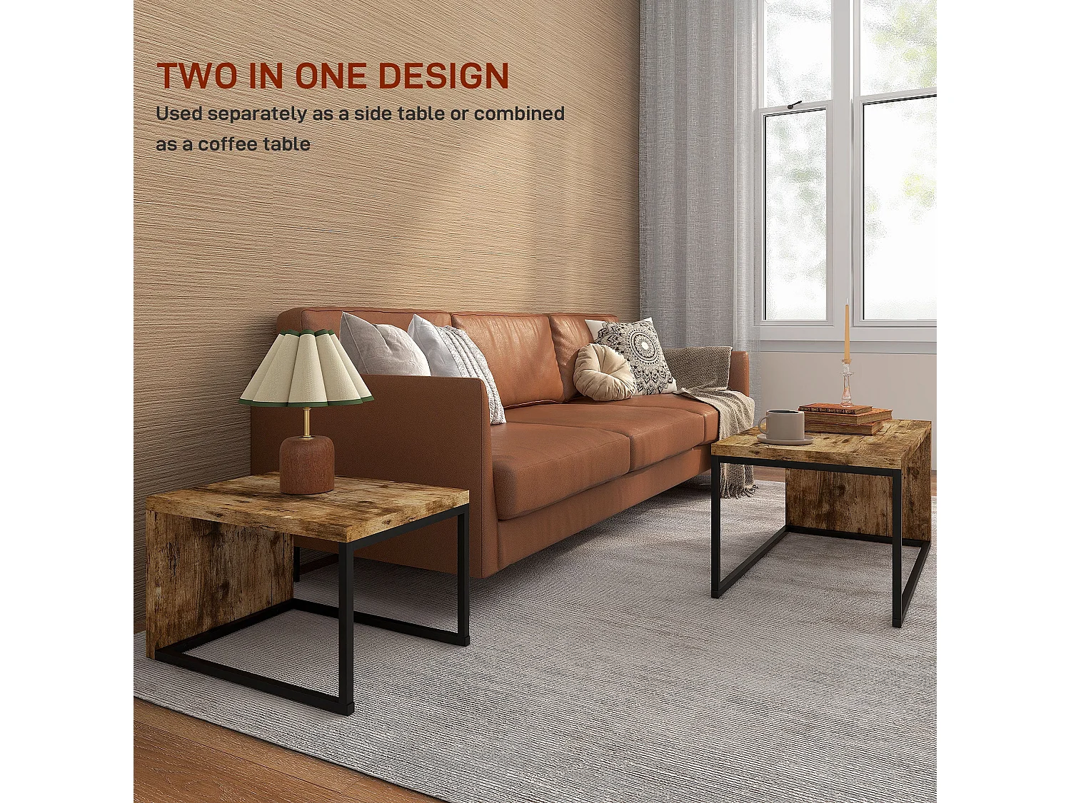 Lirare Set of 2 Industrial Nesting Side Tables Rustic Brown Metal and Wood