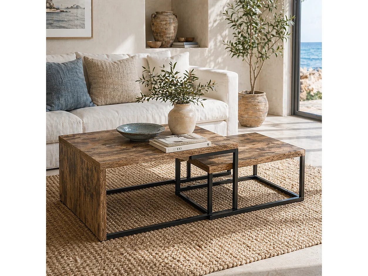 Lirare Set of 2 Industrial Nesting Side Tables Rustic Brown Metal and Wood