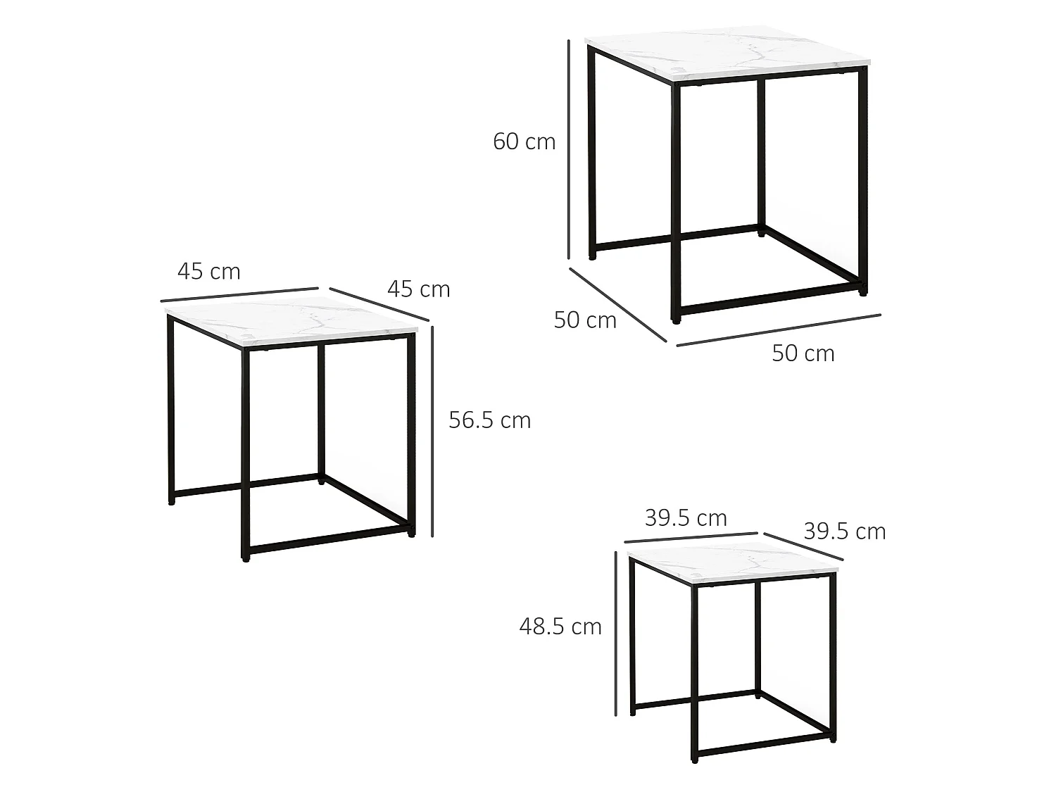 Rekaco Marble Effect Nesting Tables Set of 3 Square Particleboard Tops Steel Frames